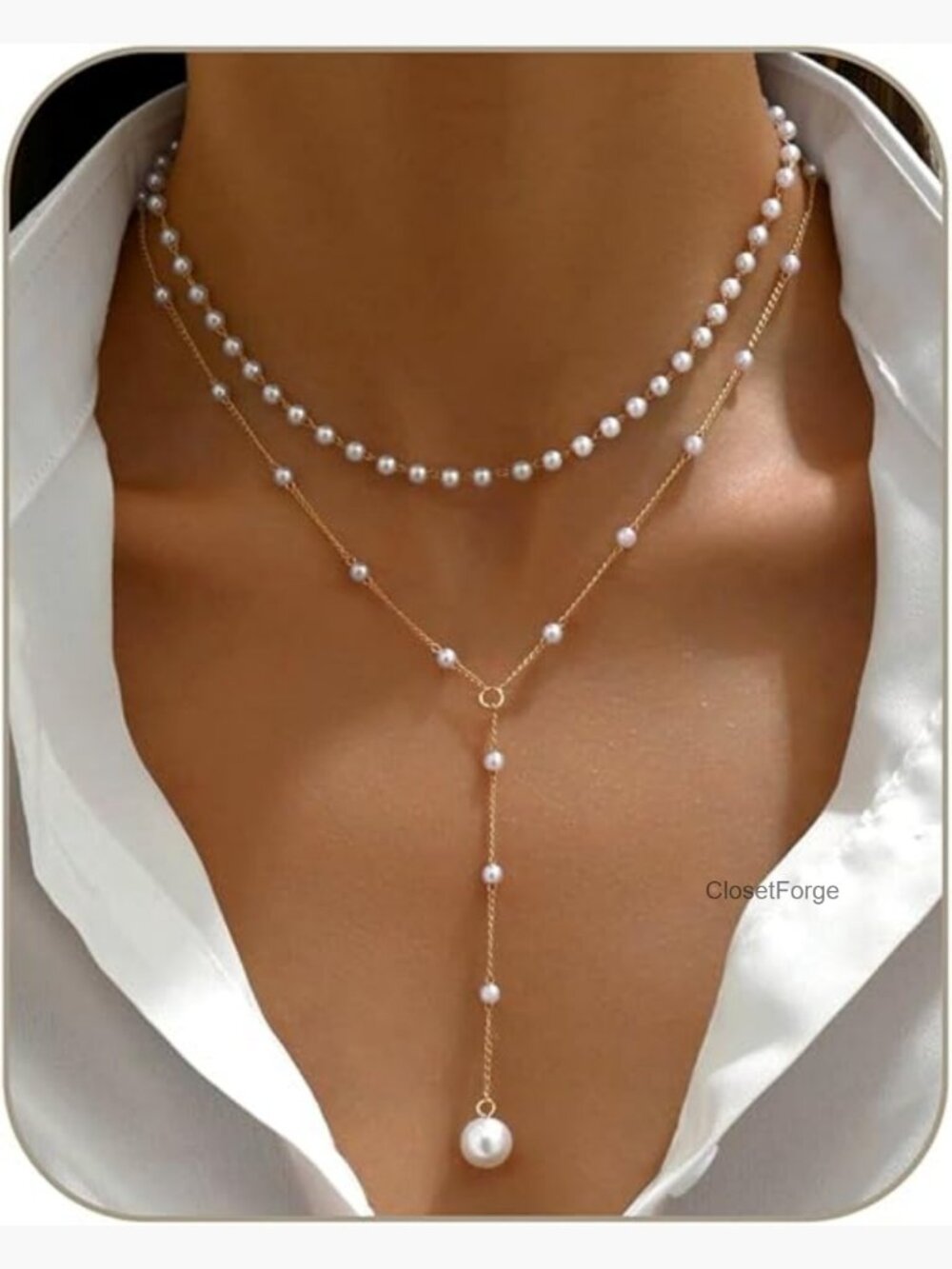 14K Gold Plated Trendy Faux Pearl Layered Necklace Set Choker Y Drop Dainty - Picture 1 of 6